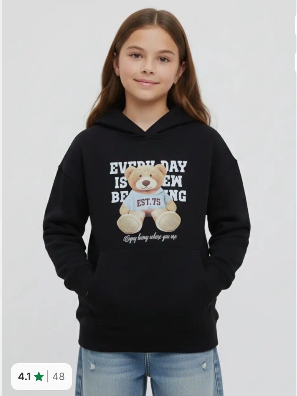 Zara Black Hoodie with Beige Teddy Bear Graphic